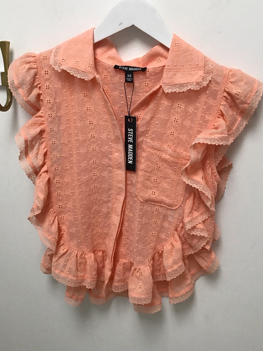 Steve Madden Adeline Peach Eyelet Ruffle Button-Up Blouse